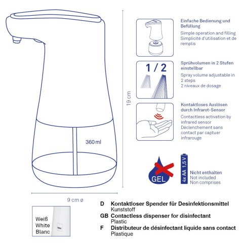 Bezdotykowy dozownik do dezynfekcji, 0,36 l, śred. 9 x 19 cm, biały